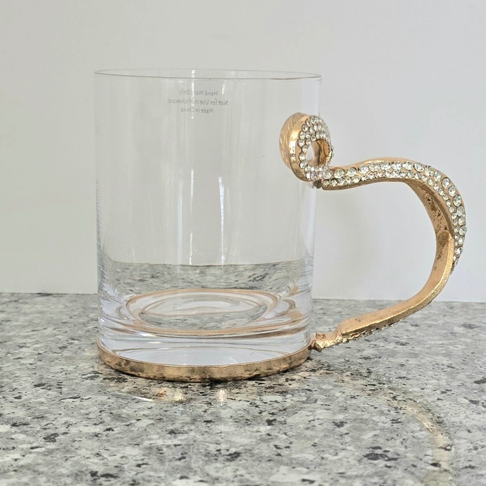 Gold Bow‎ Rhinestone Handle Glass Mug Clear Coffee Cup Glam Coquette Bling
